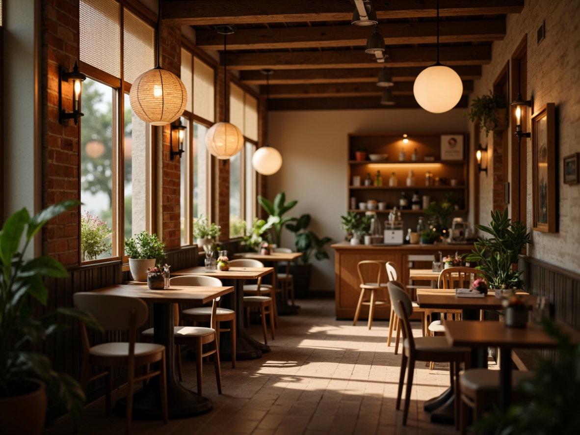 Prompt: Cozy cafe ambiance, warm soft lighting, pendant lamps, wooden tables, comfortable seating, rustic brick walls, vintage decor, warm beige tones, creamy whites, rich wood accents, subtle shadows, golden hour glow, cinematic mood, shallow depth of field, 1/2 composition, realistic textures, ambient occlusion.