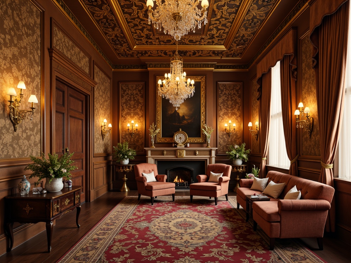 Prompt: Luxurious palace interior, ornate gold leafing, lavish furnishings, intricately carved wood paneling, crystal chandeliers, delicate porcelain vases, velvet drapes, richly patterned rugs, stylish sconces, gleaming metal accents, soft warm glow, subtle shading, 1/1 composition, intimate atmosphere, dramatic spotlighting, exquisite ceiling details, refined moldings, opulent fabrics, elegant curves, sophisticated color palette.