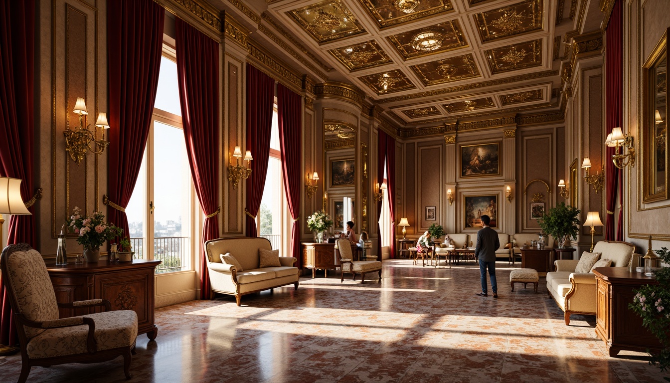 Prompt: Luxurious palace interior, ornate gold accents, velvet drapes, marble floors, intricate wood carvings, gilded mirrors, lavish furnishings, soft warm lighting, shallow depth of field, 1/1 composition, realistic textures, ambient occlusion, opulent fabrics, delicate lace, rich brocades, subtle sheen, dramatic shadows, elegant curves, whimsical patterns, ornate plasterwork, crystal chandeliers, majestic high ceilings.