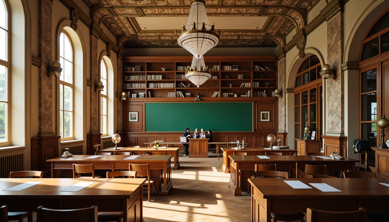 Prompt: Elegant classroom, wooden desks, green chalkboards, ornate ceiling moldings, grand crystal chandeliers, rich wood paneling, Corinthian columns, rounded archways, intricate stone carvings, vintage globe lamps, leather-bound books, polished bronze doorknobs, classic clock tower, sunny afternoon, soft warm lighting, shallow depth of field, 3/4 composition, realistic textures, ambient occlusion.