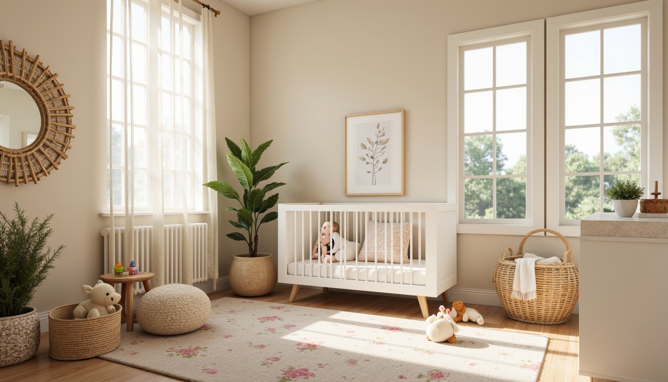 Prompt: Whimsical baby nursery, soft pastel colors, delicate floral patterns, gentle cream accents, plush area rug, modern minimalist crib, sleek wooden changing table, adorable stuffed animals, sweet baby blocks, tender greenery, natural woven baskets, warm beige walls, large windows, sheer curtains, softbox lighting, shallow depth of field, 1/1 composition, realistic textures, ambient occlusion.