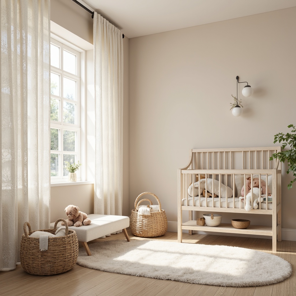 Prompt: Soft pastel colors, gentle fabric textures, plush area rugs, warm Sherpa blankets, delicate lace curtains, baby-safe woven baskets, calming natural fibers, breathable cotton fabrics, hypoallergenic materials, soothing neutral tones, cozy reading nook, peaceful ambiance, warm beige walls, creamy white furniture, subtle floral patterns, whisper-quiet sound absorption, serene nursery atmosphere.