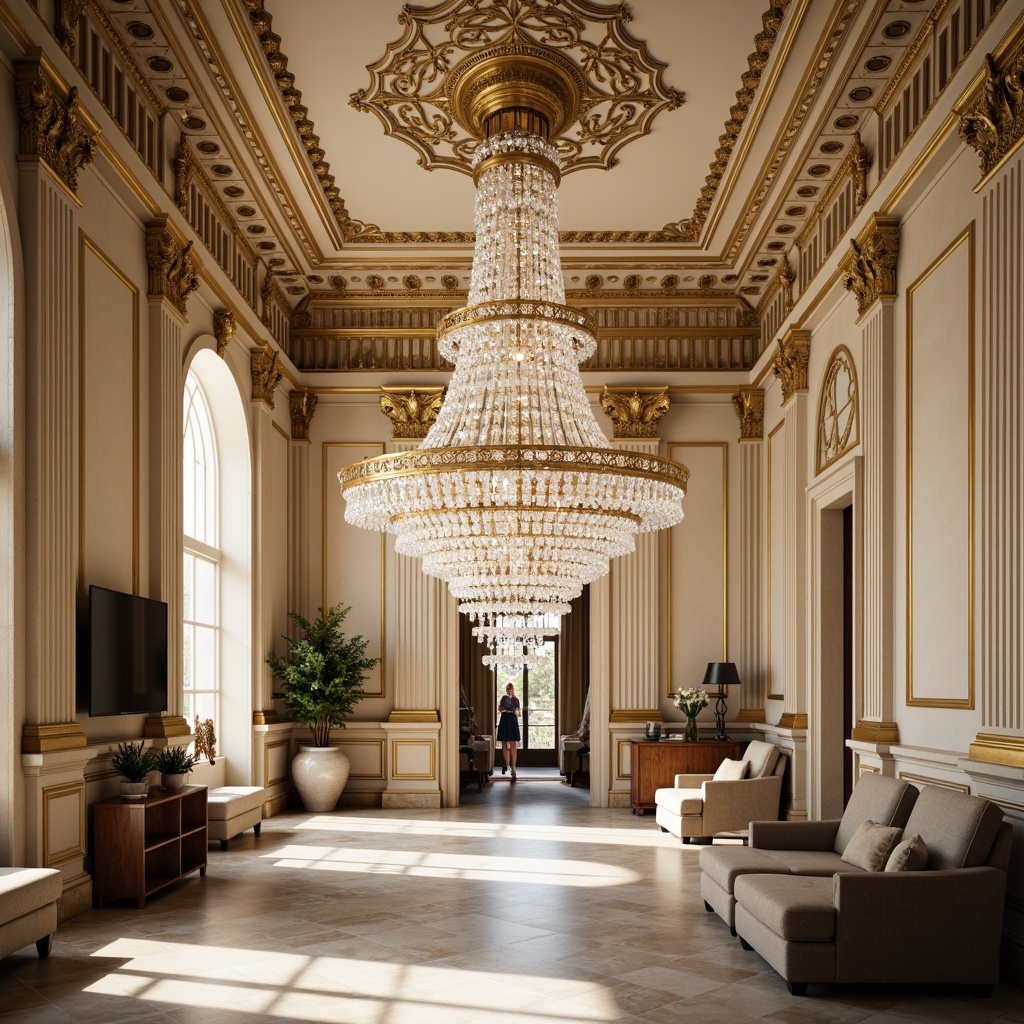 Prompt: Grand chandelier, crystal droplets, ornate metalwork, golden accents, soft warm glow, creamy whites, rich wood tones, intricate moldings, fluted columns, marble flooring, lavish drapery, velvet upholstery, luxurious fabrics, opulent furnishings, stately proportions, classical arches, subtle ornamentation, ambient lighting, gentle shading, realistic textures, shallow depth of field.