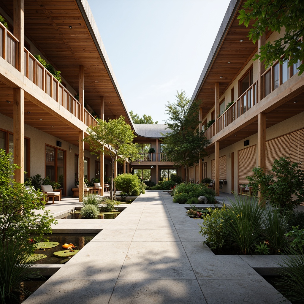 Prompt: Vibrant Asian-inspired distribution center, natural stone flooring, wooden accents, sliding rice paper doors, minimalist decor, abundant greenery, tropical plants, water features, koi ponds, serene ambiance, soft warm lighting, shallow depth of field, 3/4 composition, panoramic view, realistic textures, ambient occlusion, open-air courtyard, bamboo fencing, lantern-inspired light fixtures, curved rooflines, clerestory windows, natural ventilation systems, sustainable building materials, eco-friendly design elements.