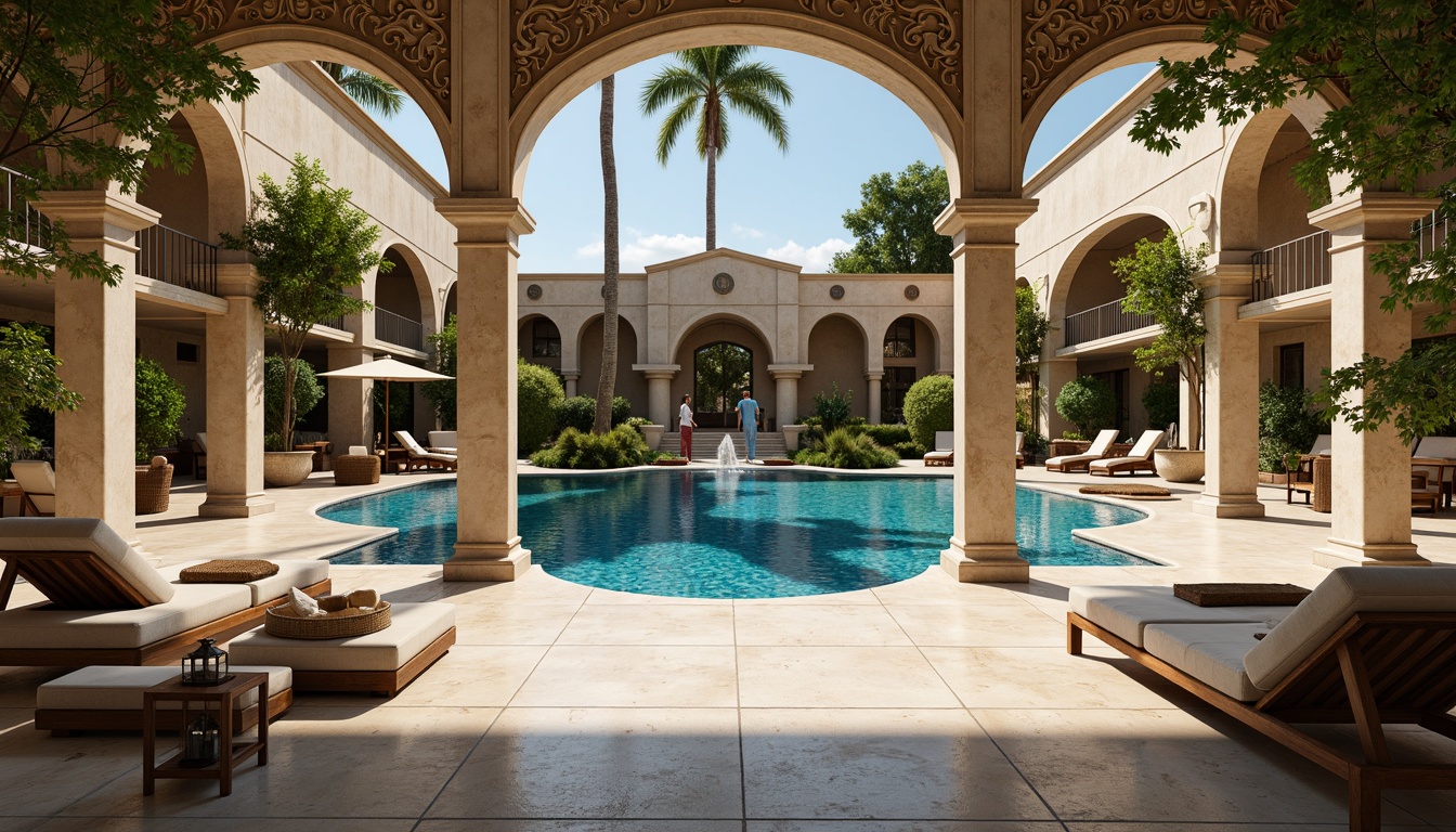 Prompt: Elegant swimming pool, ornate stone carvings, refined marble flooring, antique bronze fixtures, luxurious lounge chairs, plush velvet cushions, ornamental fountains, decorative lanterns, classical columns, symmetrical architecture, serene water features, lush greenery, warm golden lighting, shallow depth of field, 1/1 composition, realistic textures, ambient occlusion.