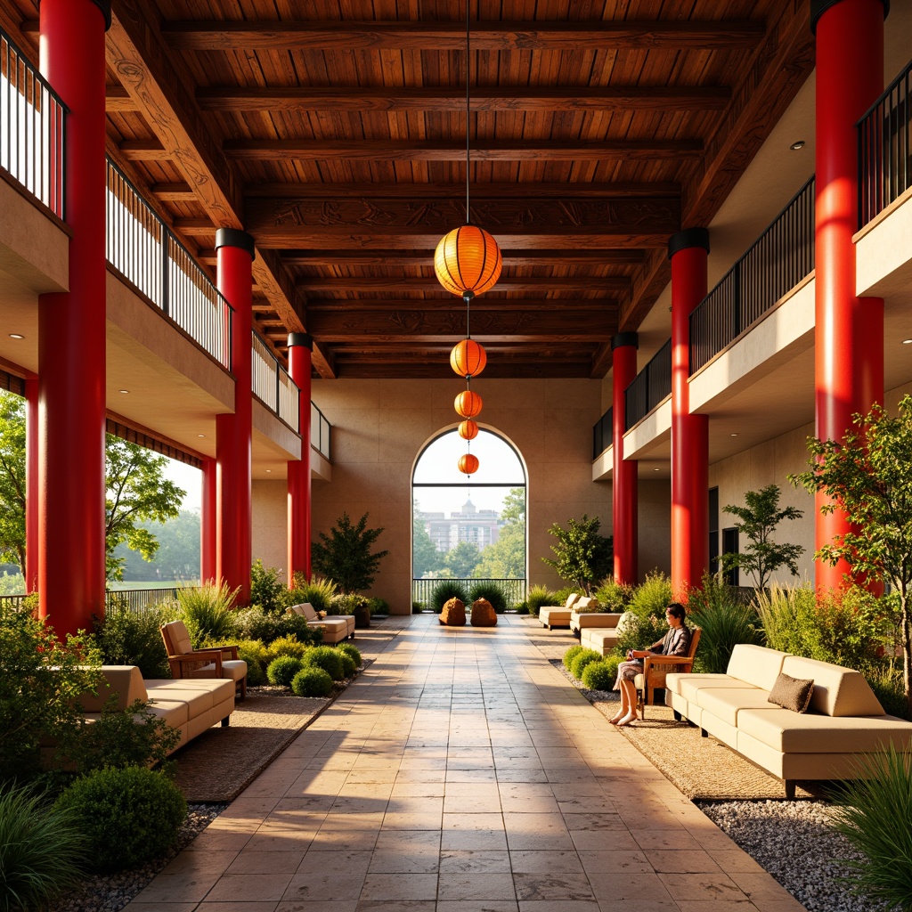 Prompt: Vibrant Asian-inspired distribution centers, warm golden lighting, rich wood accents, natural stone flooring, bold red columns, intricate wooden carvings, colorful lanterns, lush greenery, serene water features, tranquil ambiance, minimal ornamentation, neutral beige walls, earthy tone bricks, subtle texture patterns, warm beige furniture, soft diffused light, 1/1 composition, realistic materials, ambient occlusion.