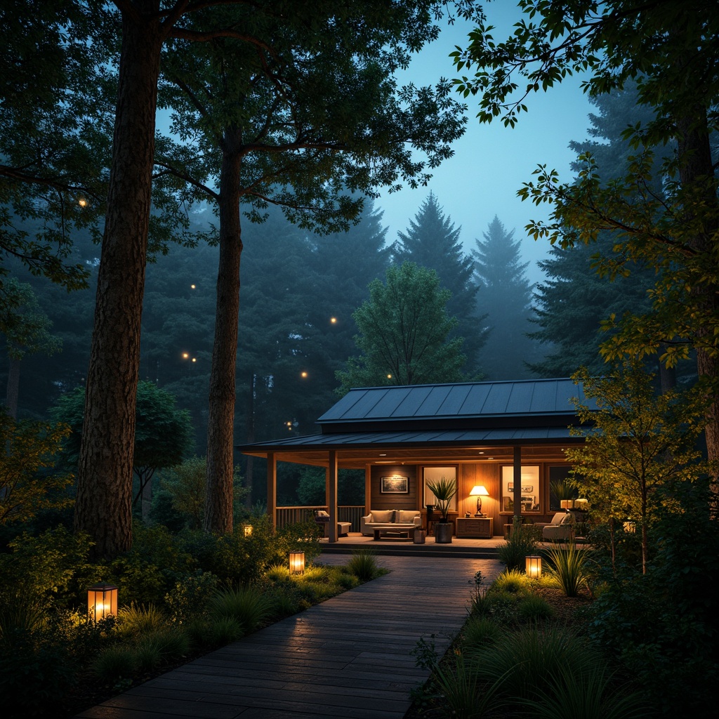 Prompt: Mystical forest, twinkling fireflies, misty atmosphere, warm lanterns, soft candlelight, cozy cabin, wooden accents, natural stone walls, plush furnishings, vibrant greenery, eerie darkness, subtle moonlight, dramatic shadows, 1/1 composition, high contrast ratio, moody color palette, ambient occlusion, realistic textures.