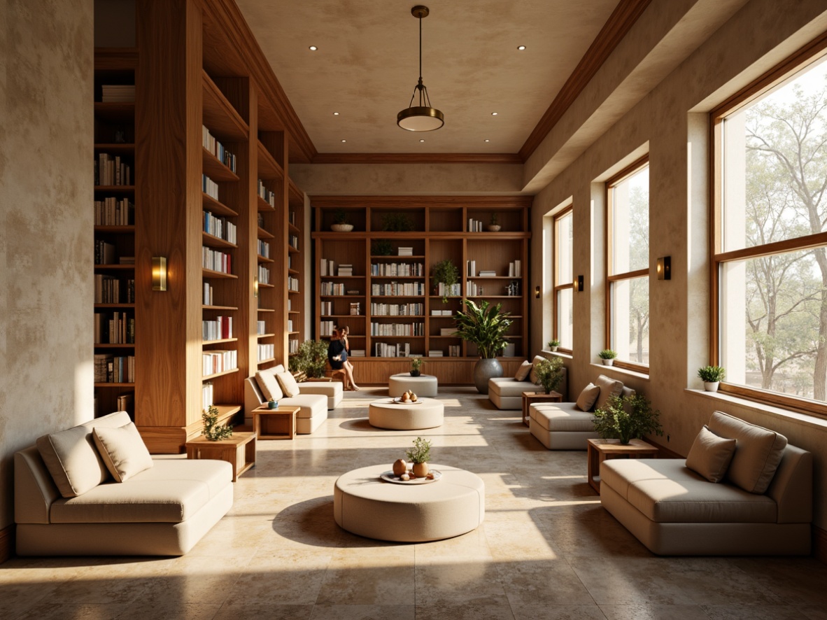 Prompt: Calming library atmosphere, warm beige walls, rich walnut wood accents, soft cream-colored shelves, comfortable reading nooks, plush velvet armchairs, natural stone flooring, elegant bronze lighting fixtures, subtle texture contrasts, earthy tone color scheme, cozy study corners, large windows with gentle daylight, warm golden lighting, shallow depth of field, 2/3 composition, realistic material textures, ambient occlusion.