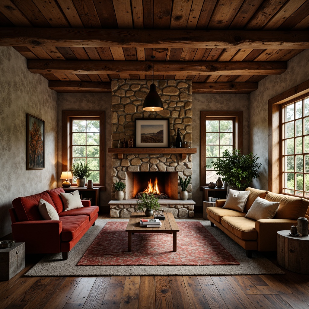 Prompt: Rustic luxurious interior, reclaimed wood flooring, distressed wooden beams, earthy color palette, natural stone walls, rough-hewn wooden furniture, plush velvet upholstery, antique metal accents, vintage decorative items, warm candle lighting, soft cozy textures, realistic wood grain details, subtle ambient occlusion, 1/2 composition, shallow depth of field, atmospheric misting effects.