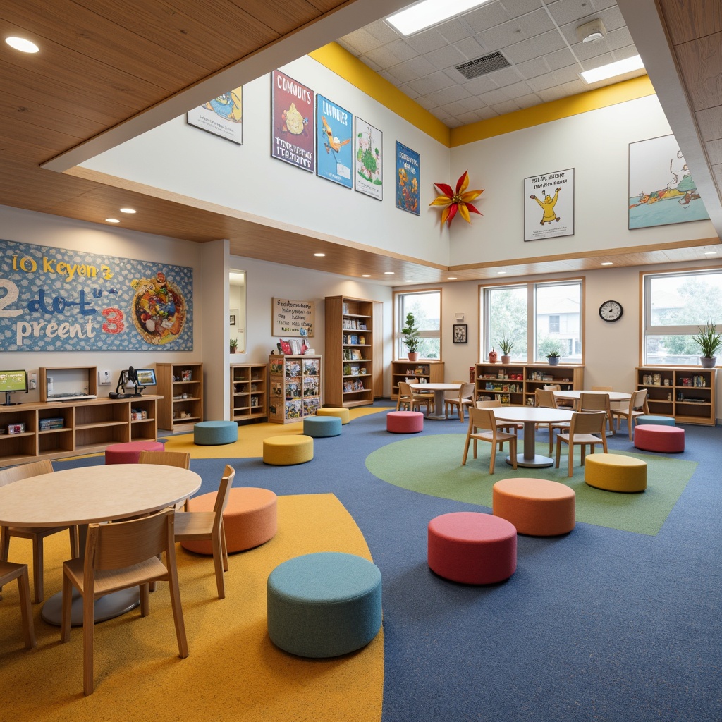 Prompt: Vibrant elementary school interior, playful kid-friendly furniture, ergonomic chairs, colorful desks, interactive whiteboards, educational posters, cozy reading nooks, soft carpeted floors, natural wood accents, modern minimalist shelving, circular tables, collaborative learning spaces, flexible seating arrangements, built-in storage cabinets, durable easy-to-clean surfaces, warm task lighting, stimulating wall colors, whimsical decorative elements, inspirational quotes, lively patterned rugs, engaging sensory experiences.