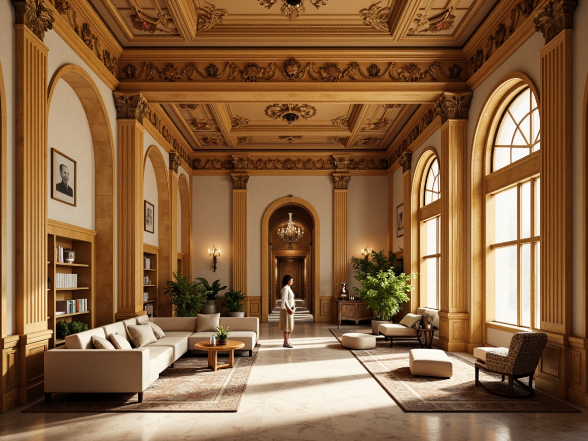 Prompt: Intricate molding details, ornate ceiling designs, grand neoclassical interior, lavish furnishings, rich wood tones, creamy marble floors, ornamental columns, majestic archways, soft golden lighting, 1/1 composition, shallow depth of field, warm color palette, luxurious textiles, velvet drapes, gilded accents, sophisticated patterns, refined architectural elements.