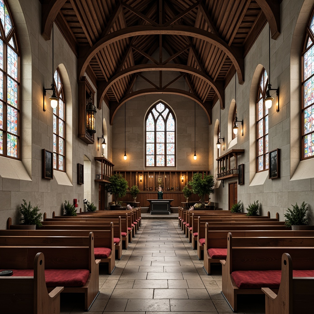 Prompt: Transitional church interior, rustic wooden pews, ornate stained glass windows, vintage metal lanterns, distressed stone walls, modern minimalist altar, sleek black lectern, elegant curved benches, plush red velvet cushions, intricate Gothic arches, soft warm lighting, shallow depth of field, 1/2 composition, realistic textures, ambient occlusion.