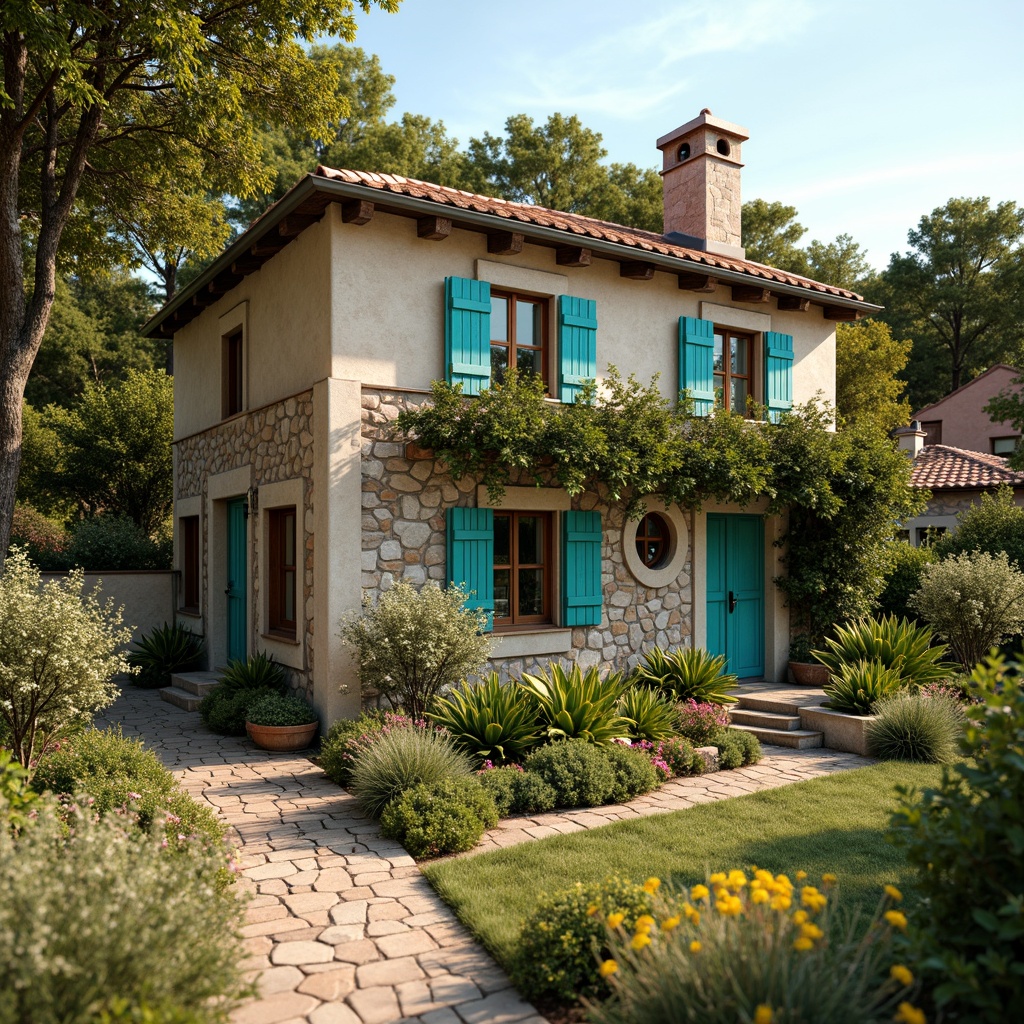 Prompt: Rustic countryside cottage, earthy color palette, vibrant turquoise accents, natural wood textures, distressed stone walls, wooden shutters, clay tile roofs, lush greenery, blooming wildflowers, warm sunny day, soft golden lighting, shallow depth of field, 3/4 composition, realistic materials, ambient occlusion.