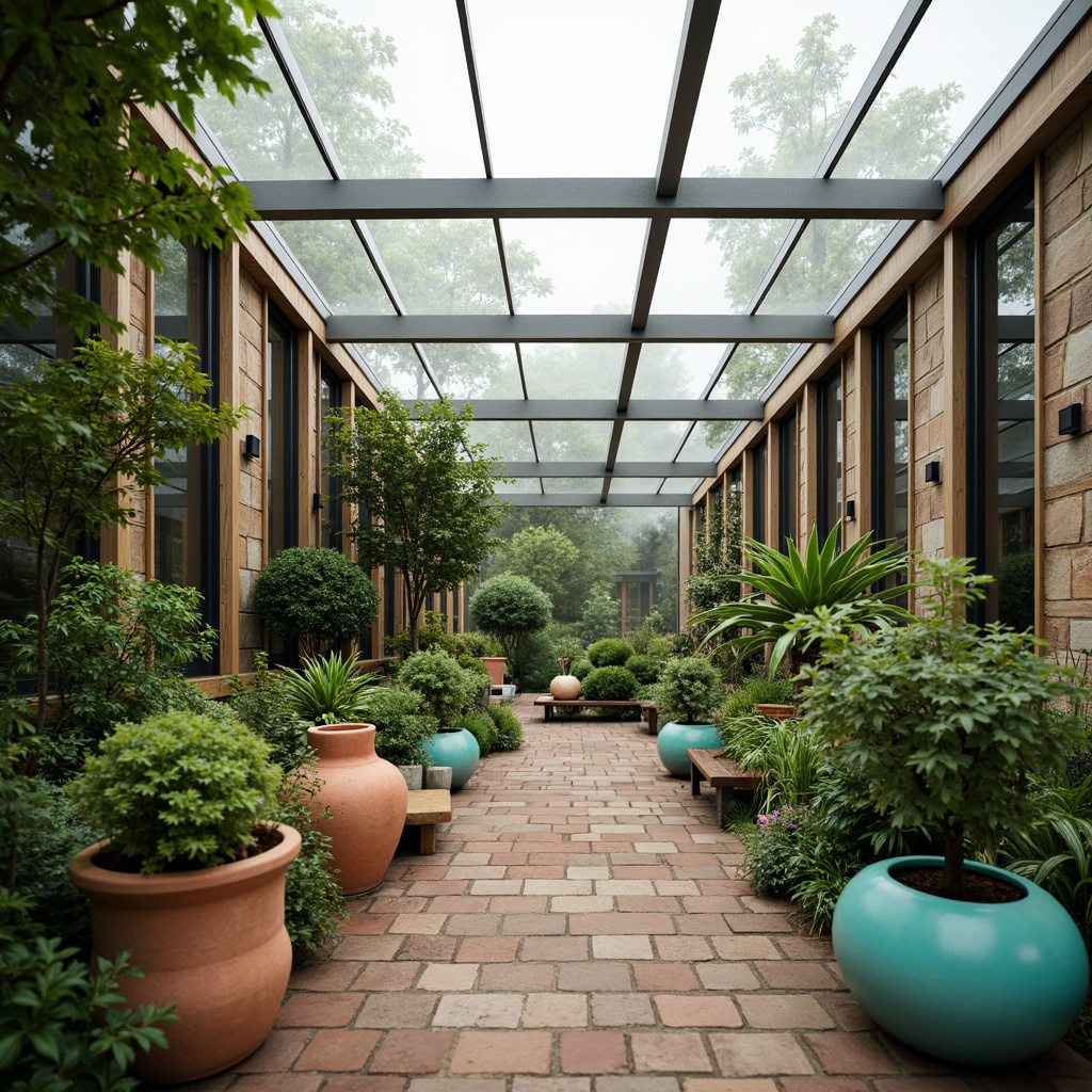 Prompt: Minimalist greenhouse, lush greenery, natural stone walls, wooden accents, modern glass roofs, sleek metal frames, vibrant turquoise decorative pots, soft peach-colored planters, earthy terracotta flooring, misty atmosphere, warm natural lighting, shallow depth of field, 1/2 composition, panoramic view, realistic textures, ambient occlusion, serene ambiance.