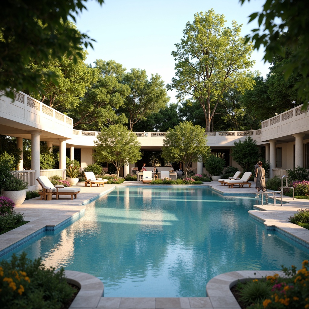 Prompt: Elegant swimming pool, symmetrical layout, ornate stone carvings, curved lines, natural limestone surrounds, lush greenery, tall trees, vibrant flowers, tranquil water features, gentle fountains, ornamental statues, classical columns, soft warm lighting, shallow depth of field, 1/1 composition, realistic textures, ambient occlusion.