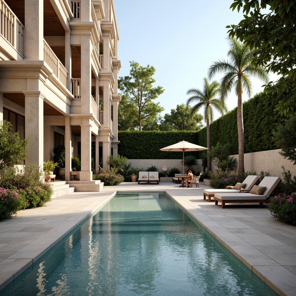 Prompt: Elegant pool deck, travertine flooring, ornate balustrades, grand pillars, symmetrical layout, lush greenery, vibrant flowers, comfortable lounge chairs, umbrellas, outdoor heaters, soft warm lighting, shallow depth of field, 3/4 composition, panoramic view, realistic textures, ambient occlusion.