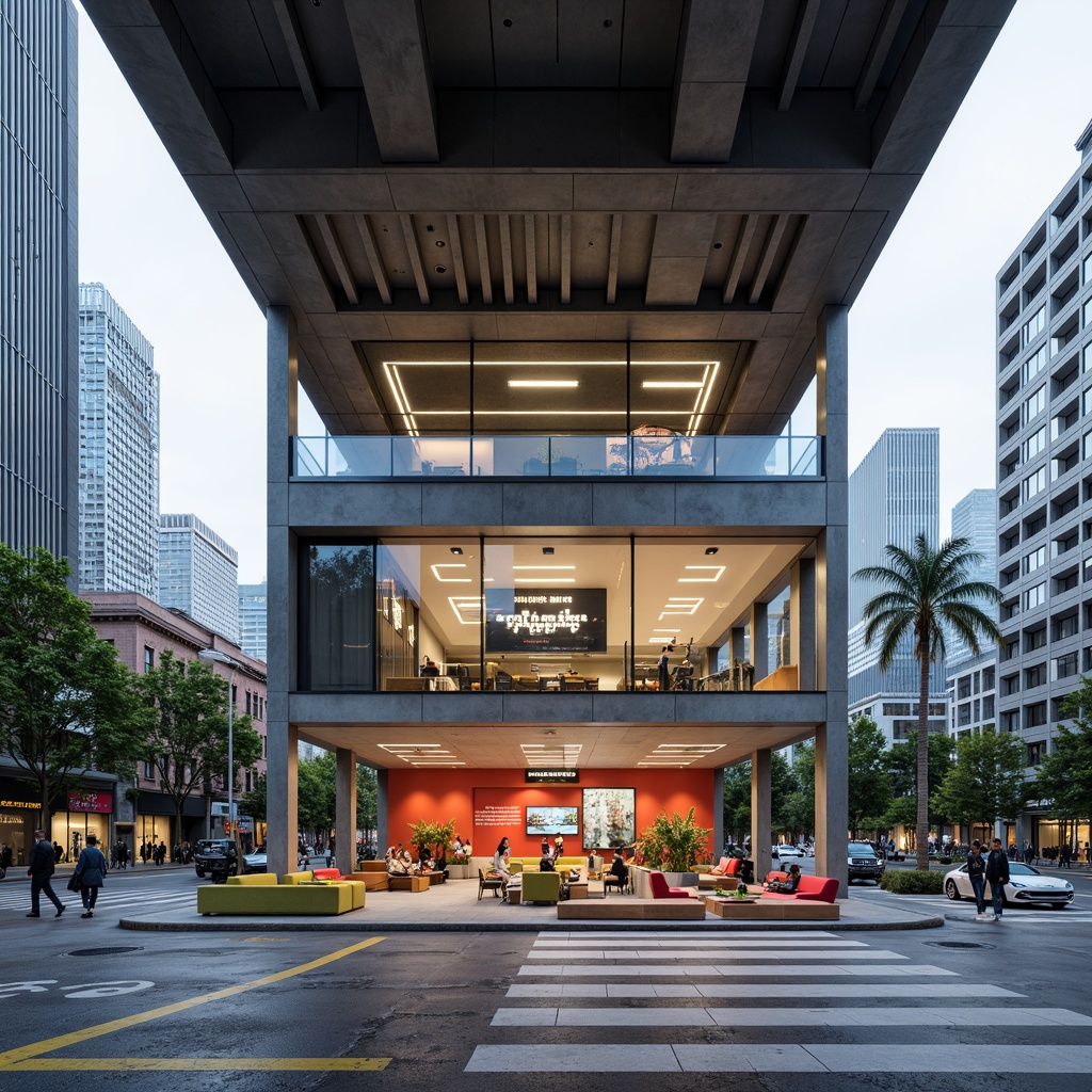 Prompt: Geometric public administration building, functionalist layout, minimalist interior, rectangular shapes, clean lines, industrial materials, exposed ductwork, steel beams, concrete floors, large glass windows, open floor plans, collaborative workspaces, modular furniture, bold color accents, typographic signage, urban cityscape, busy streets, pedestrian traffic, natural light, high contrast shadows, dramatic lighting, 1/2 composition, symmetrical framing, realistic textures, ambient occlusion.