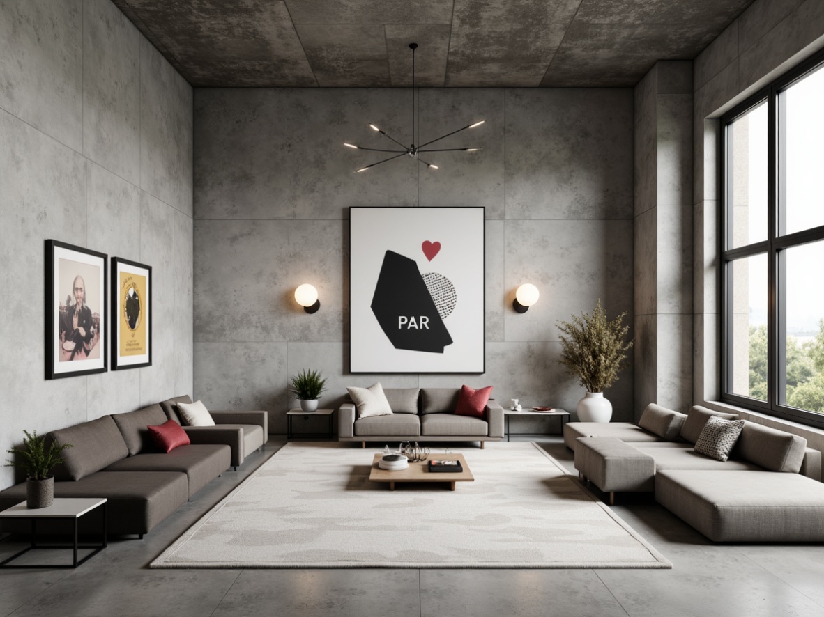 Prompt: Minimalist interior space, neutral color palette, monochromatic tones, industrial materials, raw concrete walls, metal accents, geometric shapes, clean lines, functional furniture, bold typography, primary colors, graphic patterns, abstract art pieces, natural light, soft shadows, low-key lighting, atmospheric ambiance, 1/1 composition, realistic textures, ambient occlusion.