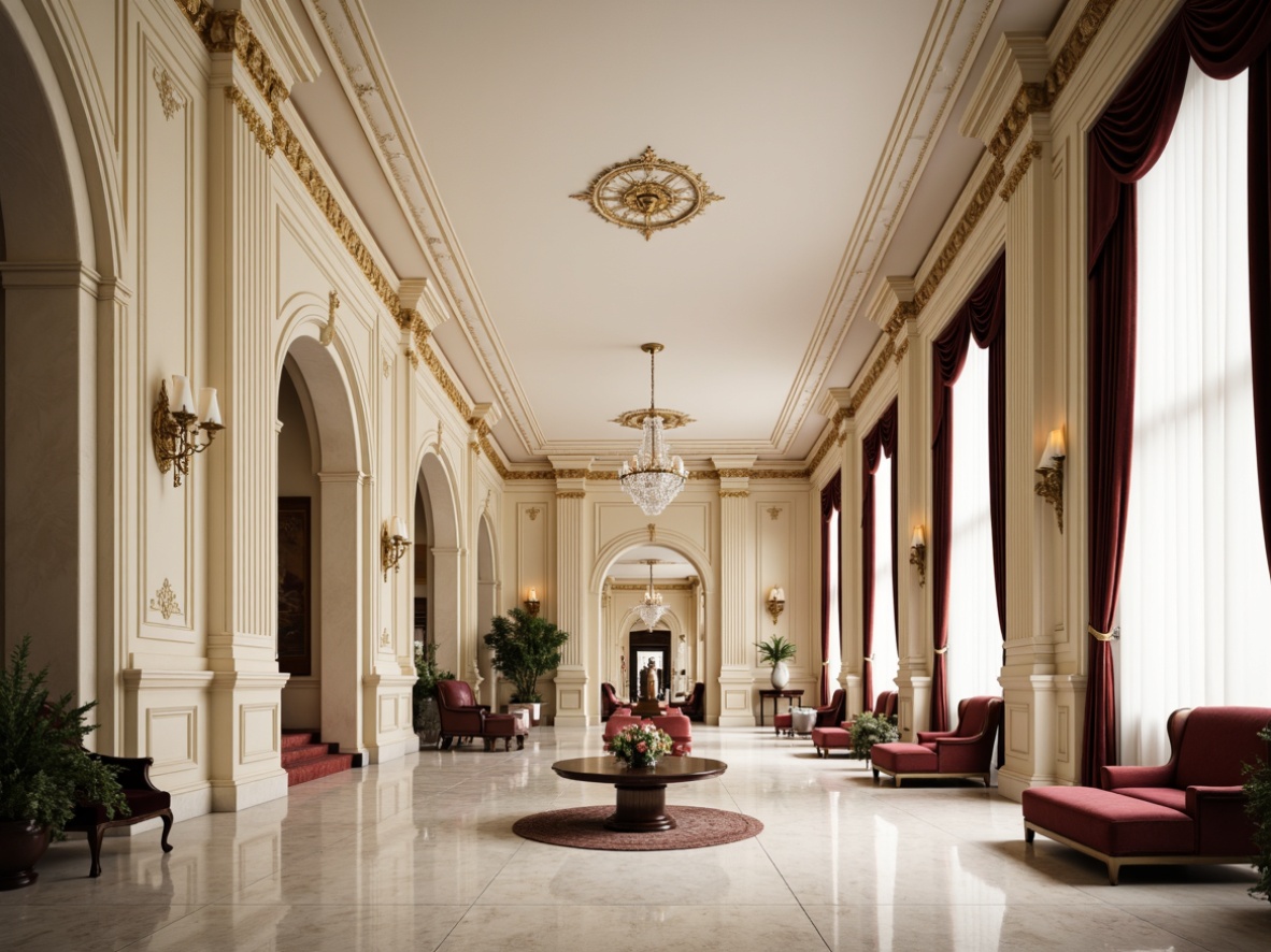 Prompt: Intricate moldings, ornate ceiling details, elegant wall paneling, sophisticated column designs, refined archways, luxurious furnishings, velvet drapes, crystal chandeliers, polished marble floors, creamy white walls, subtle natural lighting, 3/4 composition, shallow depth of field, warm color palette, neoclassical architecture, opulent interior design.