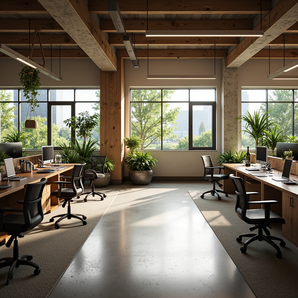 Prompt: Modern office space, open floor plan, collaborative workstations, ergonomic chairs, adjustable desks, natural wood accents, minimalist decor, plenty of greenery, floor-to-ceiling windows, abundant natural light, soft warm ambiance, 1/2 composition, shallow depth of field, realistic textures, ambient occlusion.