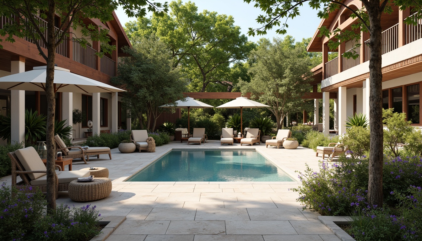 Prompt: Timeless pool deck, natural stone pavers, ornate metal railings, grand columns, carved wooden accents, elegant lanterns, lush greenery, blooming flowers, sunny day, soft warm lighting, shallow depth of field, 3/4 composition, panoramic view, realistic textures, ambient occlusion.