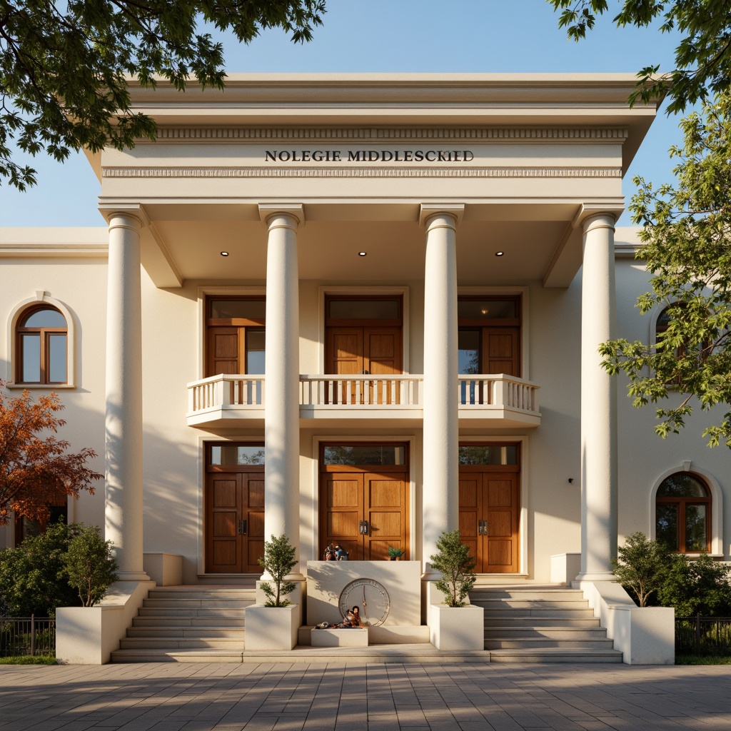 Prompt: Elegant middle school building, neoclassical architecture style, creamy white columns, ornate stone carvings, warm beige walls, rich wood accents, soft golden lighting, subtle shadowing, symmetrical composition, 1/1 aspect ratio, harmonious color palette, earthy tones, muted blues, warm neutrals, soft pastels, gentle textures, intricate moldings, classic typography, refined details, sophisticated ambiance.