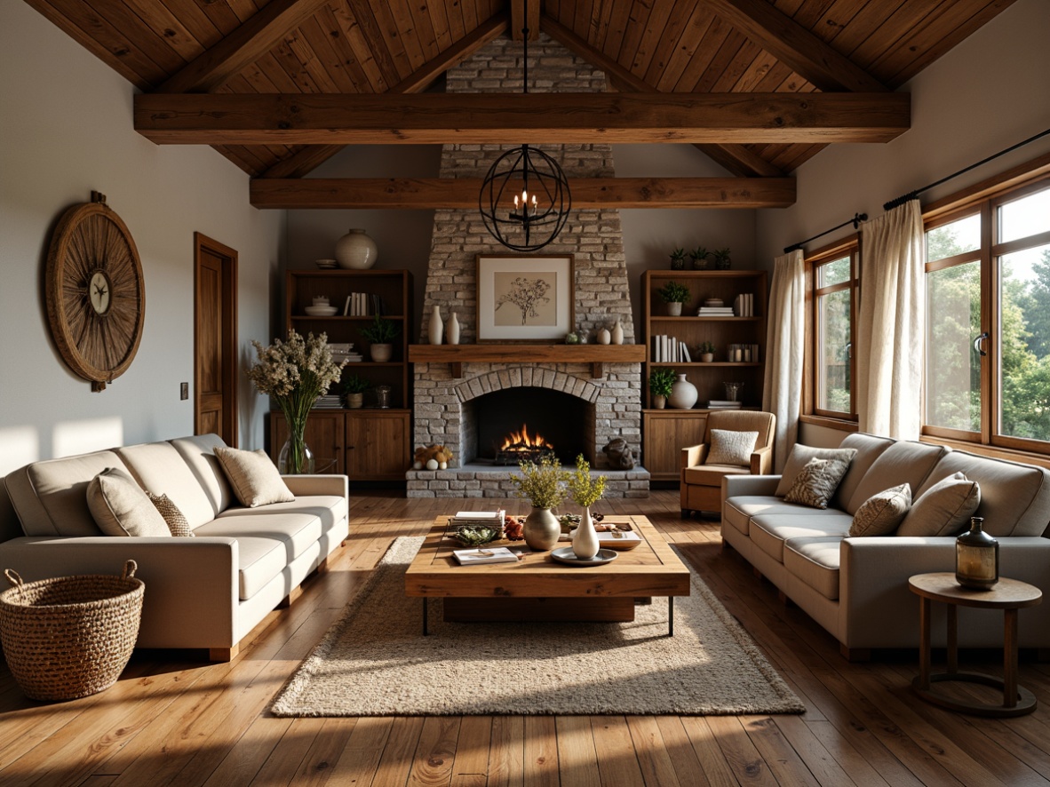 Prompt: Rustic luxury living room, reclaimed wood flooring, distressed wooden beams, stone fireplace, earthy tone walls, natural fiber rugs, woven baskets, vintage furniture pieces, metal accents, pendant lighting, candles, warm cozy atmosphere, shallow depth of field, 1/2 composition, soft warm lighting, realistic textures, ambient occlusion.