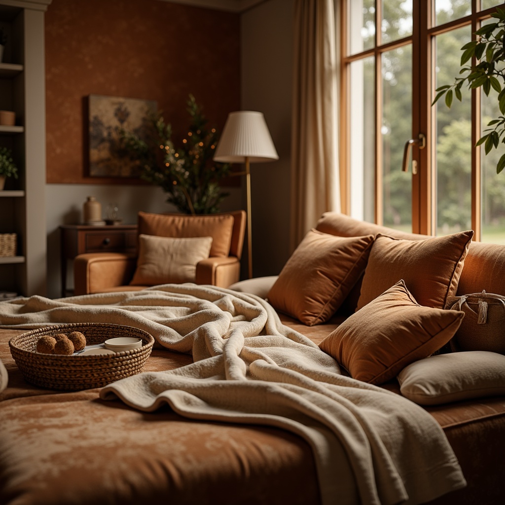 Prompt: Luxurious velvet fabrics, soft plush textures, warm earthy tones, cozy throw blankets, elegant silk patterns, sophisticated linen materials, natural fiber blends, comfortable cushioning, ergonomic design, soothing color palettes, ambient lighting, serene atmosphere, intimate settings, relaxed mood, peaceful ambiance, 1/1 composition, shallow depth of field, realistic textures, soft focus effect.