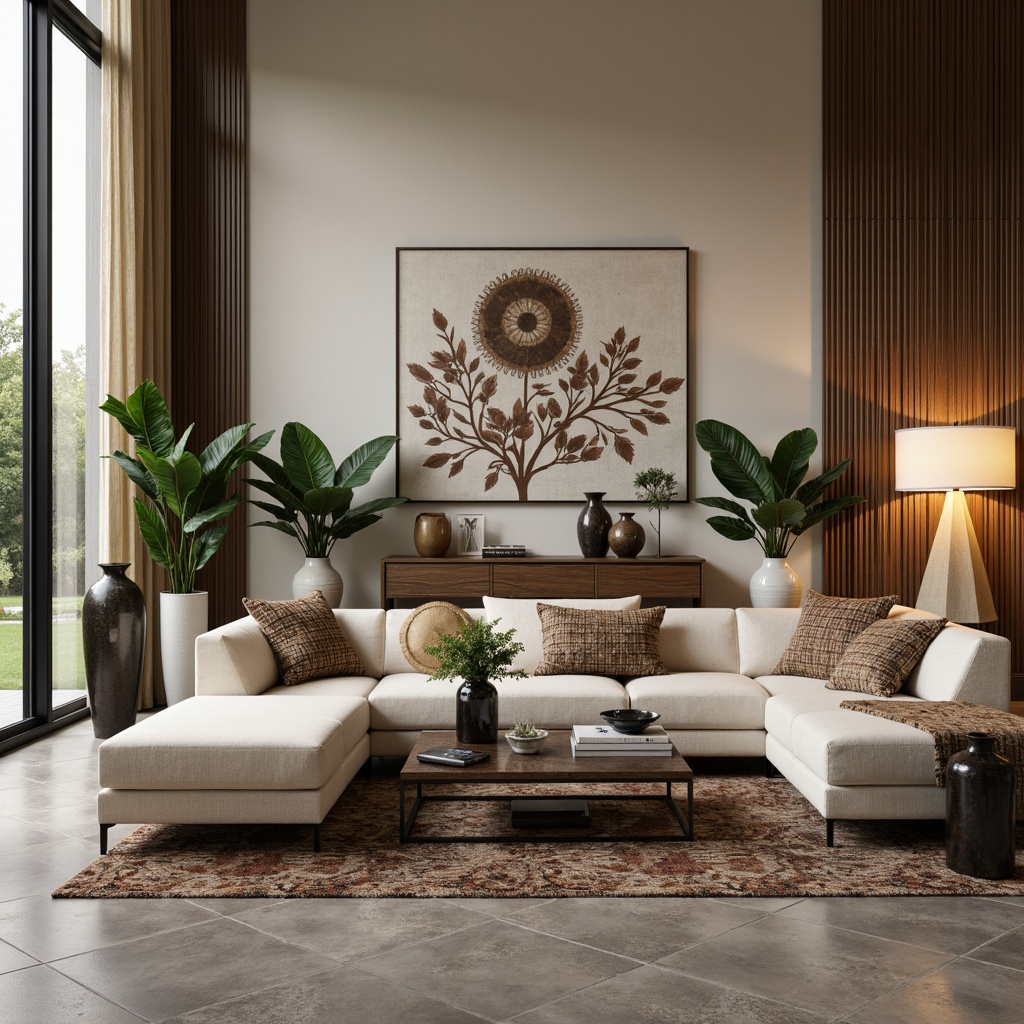 Prompt: Elegant vases, lush greenery, ornate picture frames, luxurious throw pillows, refined coffee tables, sleek metal lamps, minimalist wall art, lavish area rugs, sophisticated sculptures, stylish planters, modern clock designs, chic console tables, polished wood accents, subtle ambient lighting, warm beige tones, 3/4 composition, shallow depth of field, soft focus effect.