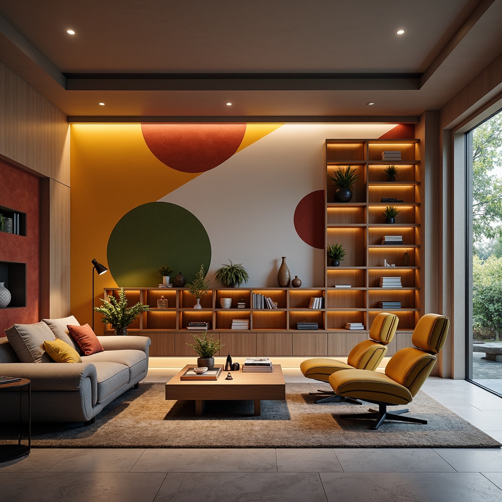 Prompt: Minimalist living room, sleek lines, ergonomic chairs, adjustable desks, hidden storage compartments, modular shelving systems, sustainable materials, eco-friendly fabrics, vibrant accent walls, geometric patterns, LED ambient lighting, soft warm glow, 1/1 composition, shallow depth of field, realistic textures, futuristic aesthetic, optimized functionality.