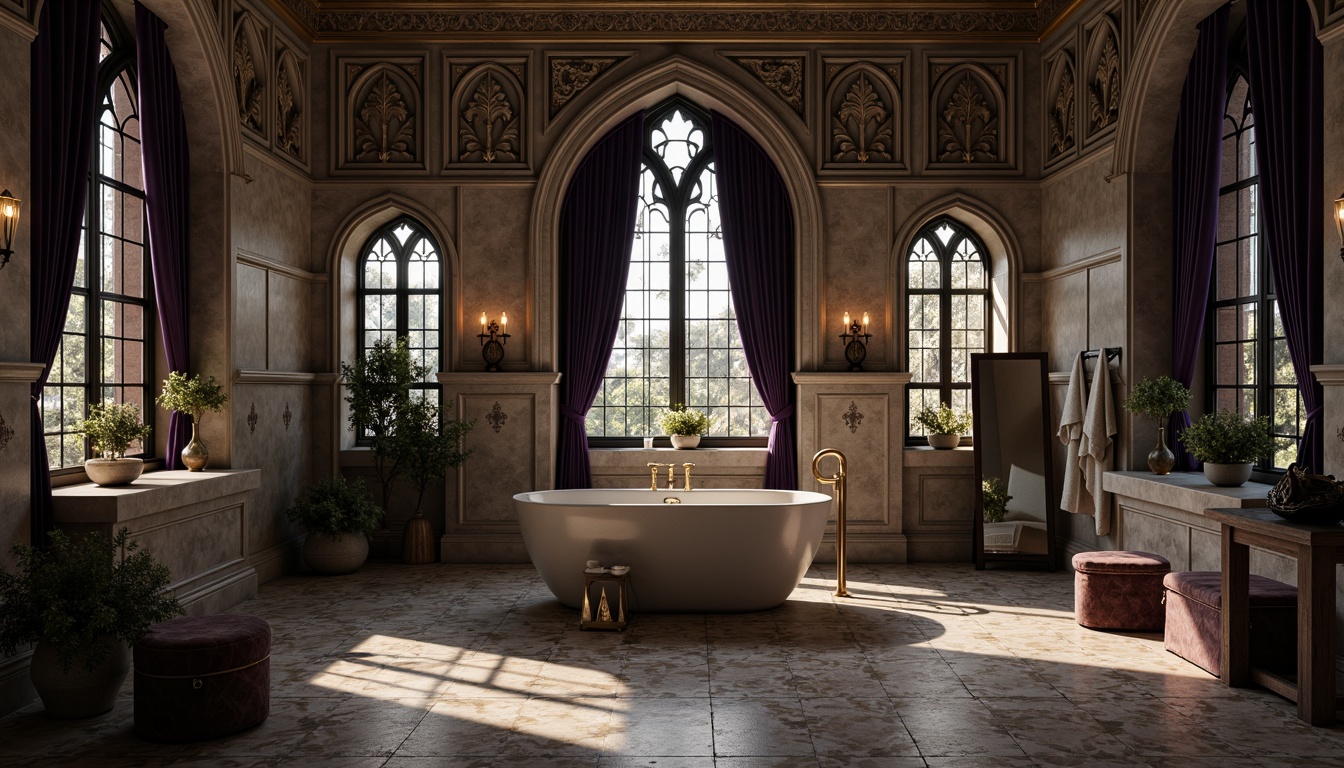 Prompt: Intricate gothic arches, ornate tile patterns, dark mysterious ambiance, luxurious bathroom setting, rich velvet drapes, golden accents, medieval-inspired motifs, fleur-de-lis designs, hexagonal tiles, black and white contrast, subtle texture variations, dramatic lighting, soft misty atmosphere, warm beige tones, ornamental fixtures, regal purple hues, mystical symbolic patterns, high-contrast photography, shallow depth of field, 1/2 composition, realistic reflections.