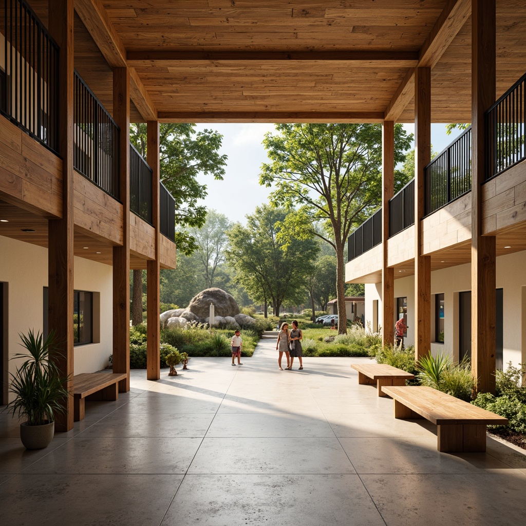 Prompt: Soothing zoo entrance, natural wood accents, minimalist animal enclosures, earthy tone concrete floors, soft greenery, warm beige walls, rustic metal railings, wooden benches, educational signage, calm atmosphere, subtle texture overlays, shallow depth of field, 1/2 composition, natural light, gentle shadows, realistic fur textures, ambient occlusion.