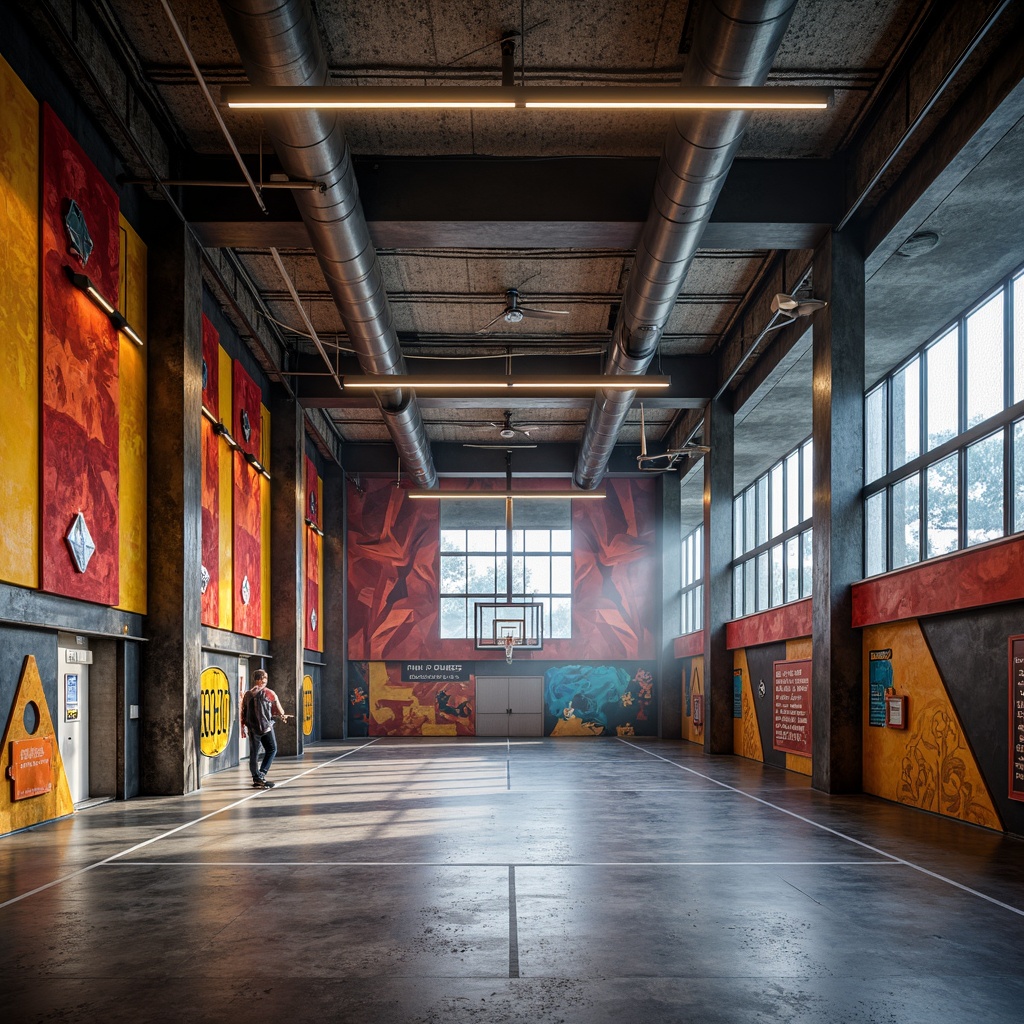 Prompt: Richly textured gymnasium interior, postmodernist architectural style, vibrant colored walls, irregularly shaped columns, exposed ductwork, polished concrete floors, industrial-style metal beams, distressed wooden accents, eclectic mix of patterns, bold geometric shapes, abstract murals, metallic finishes, neon-lit signage, avant-garde lighting fixtures, dynamic shadows, 1/1 composition, high contrast ratio, dramatic focal points, atmospheric misty ambiance.