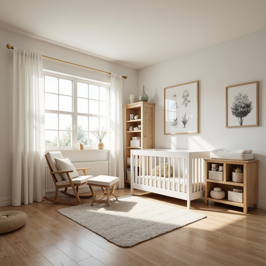 Prompt: Modern baby room, soft pastel colors, minimalist decor, natural wood furniture, plush area rug, comfortable glider rocker, white crib, changing station, toy storage shelves, gentle warm lighting, 1/1 composition, cozy atmosphere, realistic textures, ambient occlusion, creamy whites, pale blues, warm beige tones, adorable baby accessories, framed family photos, soft fabric drapes, airy floor plan.