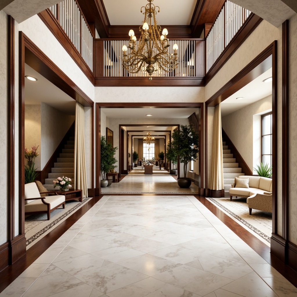 Prompt: Marble flooring, herringbone pattern, creamy white tones, rich wood accents, dark hardwood borders, ornate inlays, classic furniture pieces, lavish drapery, opulent chandeliers, soft warm lighting, high ceilings, grand staircases, sweeping archways, intricate moldings, gilded details, elegant proportions, 1/1 composition, realistic reflections, ambient occlusion.