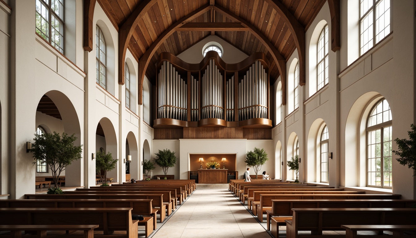 Prompt: Elegant church interior, ornate wooden pews, stained glass windows, grand organ pipes, vaulted ceilings, neutral color palette, sleek modern furniture, minimalist decor, Scandinavian-inspired chairs, industrial metal accents, reclaimed wood textures, soft warm lighting, shallow depth of field, 1/1 composition, symmetrical framing, realistic renderings, ambient occlusion.