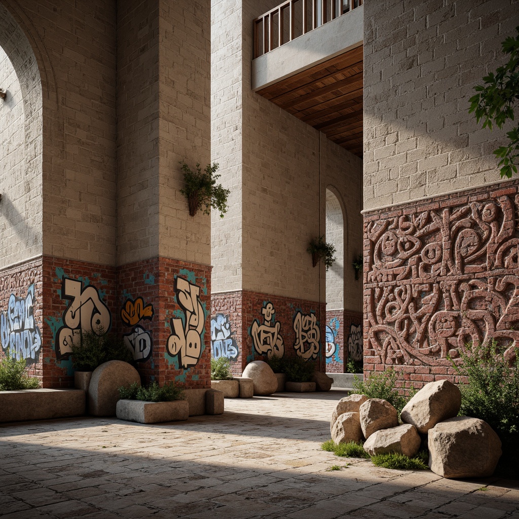 Prompt: Rough stone walls, distressed brick facades, weathered wooden planks, industrial concrete surfaces, ornate stucco finishes, vibrant graffiti murals, 3D geometric patterns, intricate mosaics, natural rock formations, earthy tone color palette, warm ambient lighting, shallow depth of field, 1/2 composition, realistic textures, subtle normal mapping.