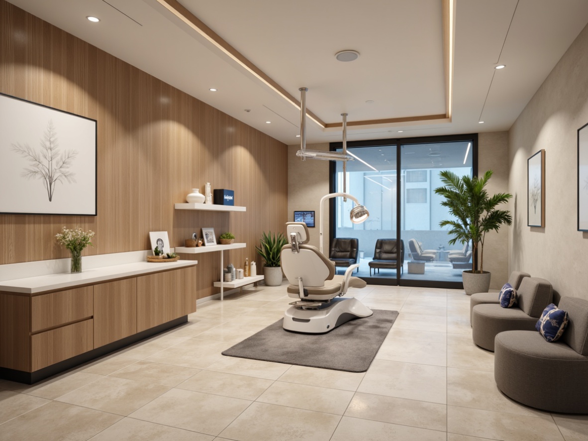 Prompt: Soft neutral tones, calming atmosphere, elegant dental clinic, warm beige walls, smooth matte finishes, subtle texture variations, calming blue accents, sleek metal fixtures, modern LED lighting, minimalist decor, comfortable waiting areas, natural wood furniture, plush upholstery, sophisticated stone floors, understated patterns, soothing color palette, 1/2 composition, soft focus effect, realistic reflections.