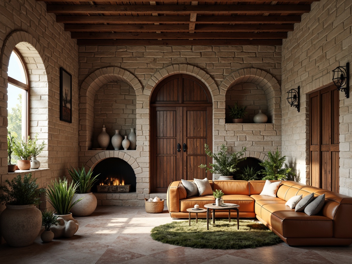 Prompt: Rustic wooden accents, distressed stone walls, ornate metalwork, vintage brick facades, intricately carved doorways, worn leather upholstery, tactile fabric textures, natural fiber rugs, earthy ceramic vases, moss-covered planters, soft warm lighting, shallow depth of field, 1/1 composition, realistic ambient occlusion, detailed normal maps.