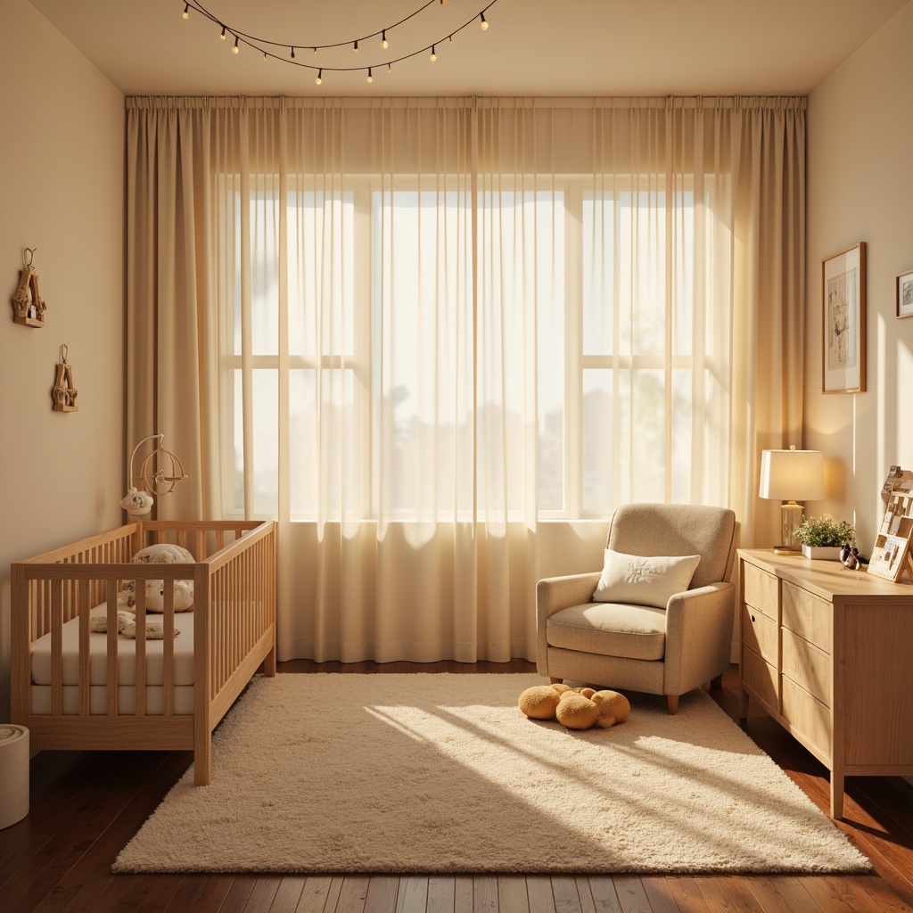 Prompt: Soft warm lighting, gentle glow, cream-colored walls, plush carpet, adorable crib, cozy reading nook, comfortable glider, pastel-colored curtains, delicate mobiles, sweet nursery rhymes, soft toys, warm beige furniture, rounded edges, calming atmosphere, relaxing ambiance, warm color palette, indirect lighting, table lamps, floor lamps, string lights, gentle shadows, shallow depth of field, 1/1 composition, intimate setting, peaceful mood.