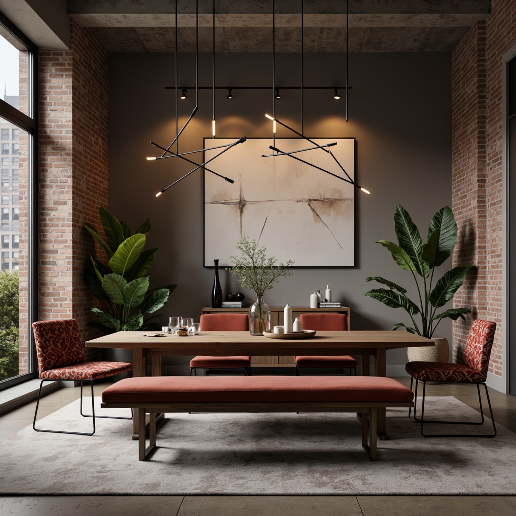 Prompt: Modern dining room, sleek wooden table, minimalist chairs, velvet upholstered bench, metallic legs, glass top, geometric patterns, abstract artwork, urban loft ambiance, industrial chic decor, exposed brick walls, concrete floors, pendant lighting, warm LED illumination, cozy atmosphere, 1/1 composition, shallow depth of field, realistic textures, ambient occlusion.