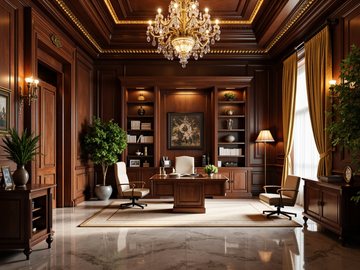 Prompt: Luxurious home office, rich wood furniture, intricate carvings, ornate metalwork, lavish textiles, velvet drapes, crystal chandeliers, polished marble floors, ergonomic leather chairs, antique-inspired accessories, warm golden lighting, shallow depth of field, 1/1 composition, realistic textures, ambient occlusion.