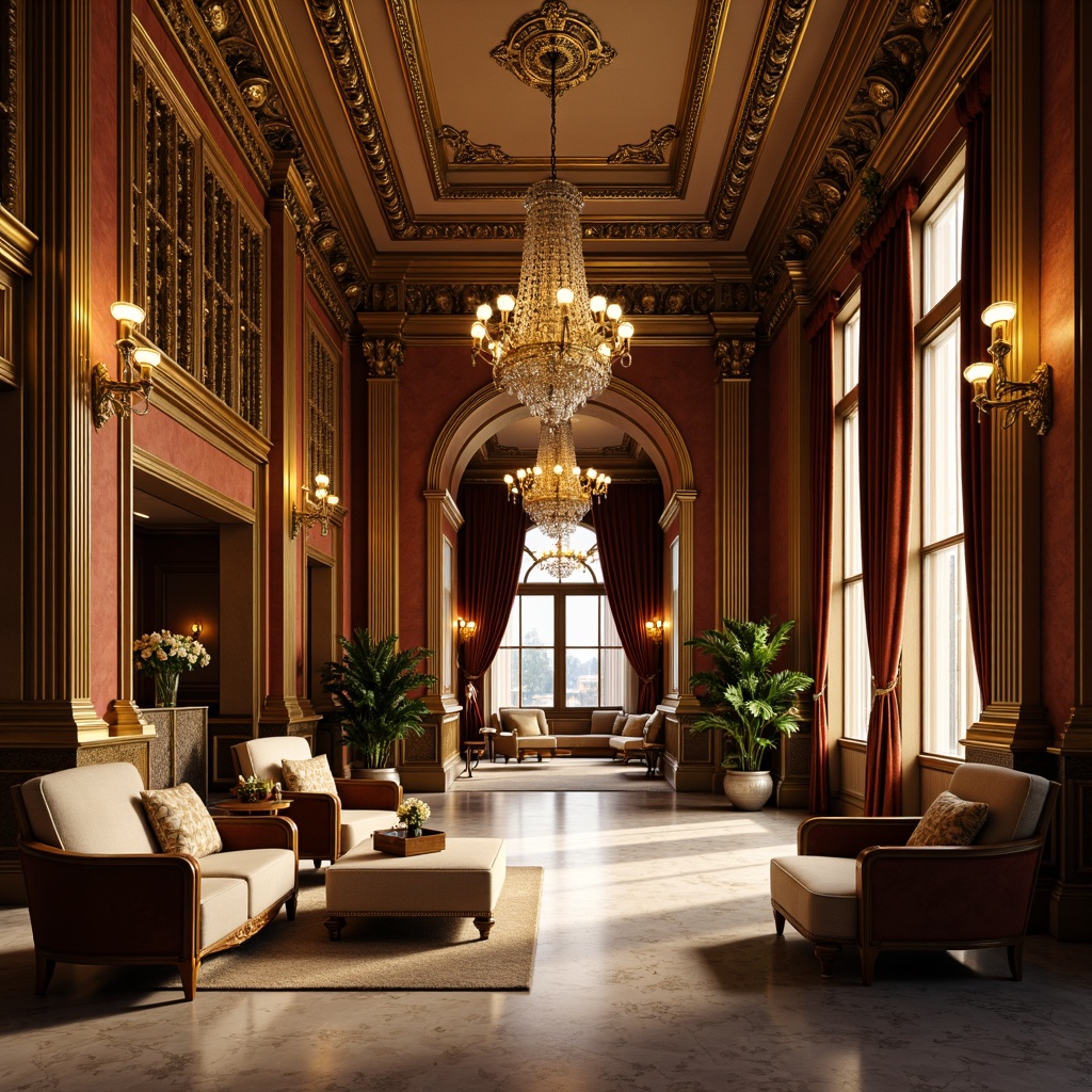 Prompt: Luxurious interior space, ornate moldings, intricate carvings, gilded details, rich wood tones, grand chandeliers, opulent furnishings, velvet drapes, marble floors, stately columns, imposing archways, dramatic lighting, warm golden hues, soft focus, shallow depth of field, 1/1 composition, realistic textures, ambient occlusion.