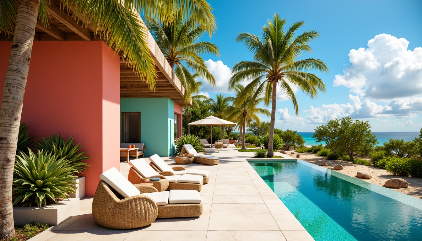 Prompt: Vibrant beachside villa, pastel-colored walls, lush green palms, bright coral accents, turquoise pool waters, sunny sky with puffy white clouds, warm sandy dunes, exotic floral patterns, rattan furniture, natural wood textures, woven bamboo elements, refreshing ocean breeze, shallow depth of field, 1/2 composition, soft focus effect, warm golden lighting.