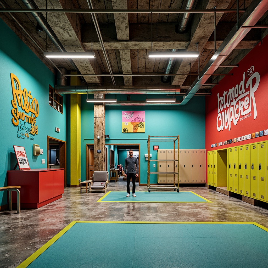 Prompt: Vibrant turquoise walls, bold red accents, metallic silver equipment, neon green stripes, distressed concrete floors, weathered wood beams, industrial steel columns, bright yellow signage, deep blue mats, retro-style graffiti murals, warm beige lockers, bold black typography, eclectic mix of patterns and textures, abstract geometric shapes, playful splashes of orange, energetic flashes of pink, dynamic shadows, high-contrast lighting, 3/4 composition, cinematic perspective, gritty urban atmosphere.Note that this color palette is designed to evoke the postmodernism style's playfulness, eclecticism, and irreverence. The bold, bright colors and mix of textures and patterns are meant to create a lively, dynamic atmosphere that challenges traditional notions of gym design.