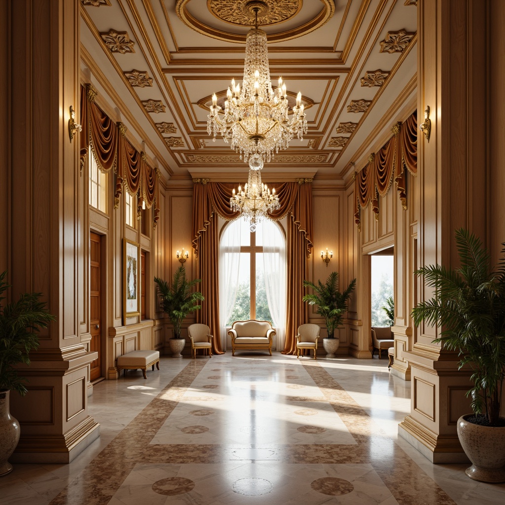 Prompt: Elegant mansion, ornate columns, intricate carvings, polished marble floors, crystal chandeliers, rich wood paneling, luxurious velvet drapes, golden accents, subtle cream tones, soft warm lighting, shallow depth of field, 1/1 composition, symmetrical framing, realistic textures, ambient occlusion.