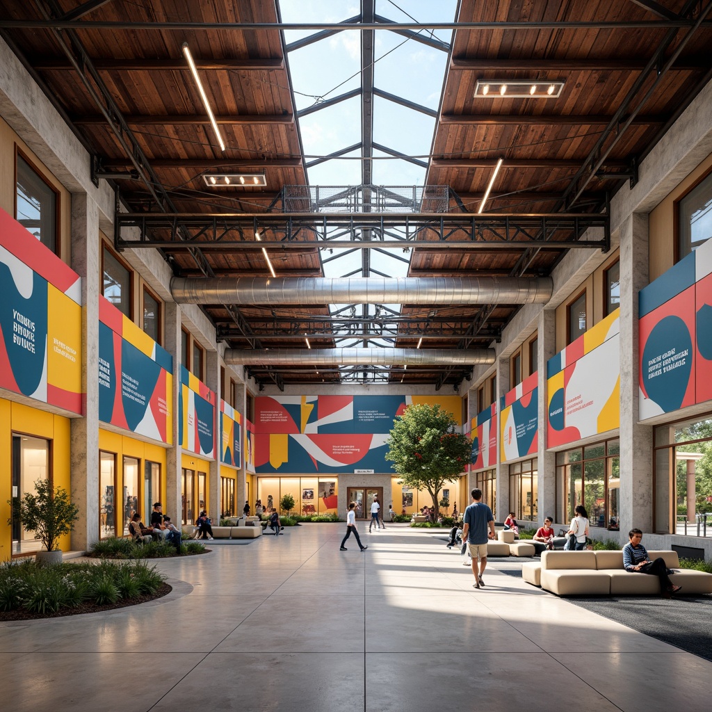 Prompt: Vibrant gymnasium interior, open space layout, postmodernist architecture, exposed ductwork, industrial metal beams, polished concrete floors, eclectic color schemes, bold geometric shapes, dynamic lighting fixtures, motivational quotes, athletic equipment displays, mirrored walls, minimalist seating areas, modernist art installations, natural stone accents, clerestory windows, abundant natural light, soft focus blur, 1/2 composition, symmetrical framing, realistic textures, subtle ambient occlusion.