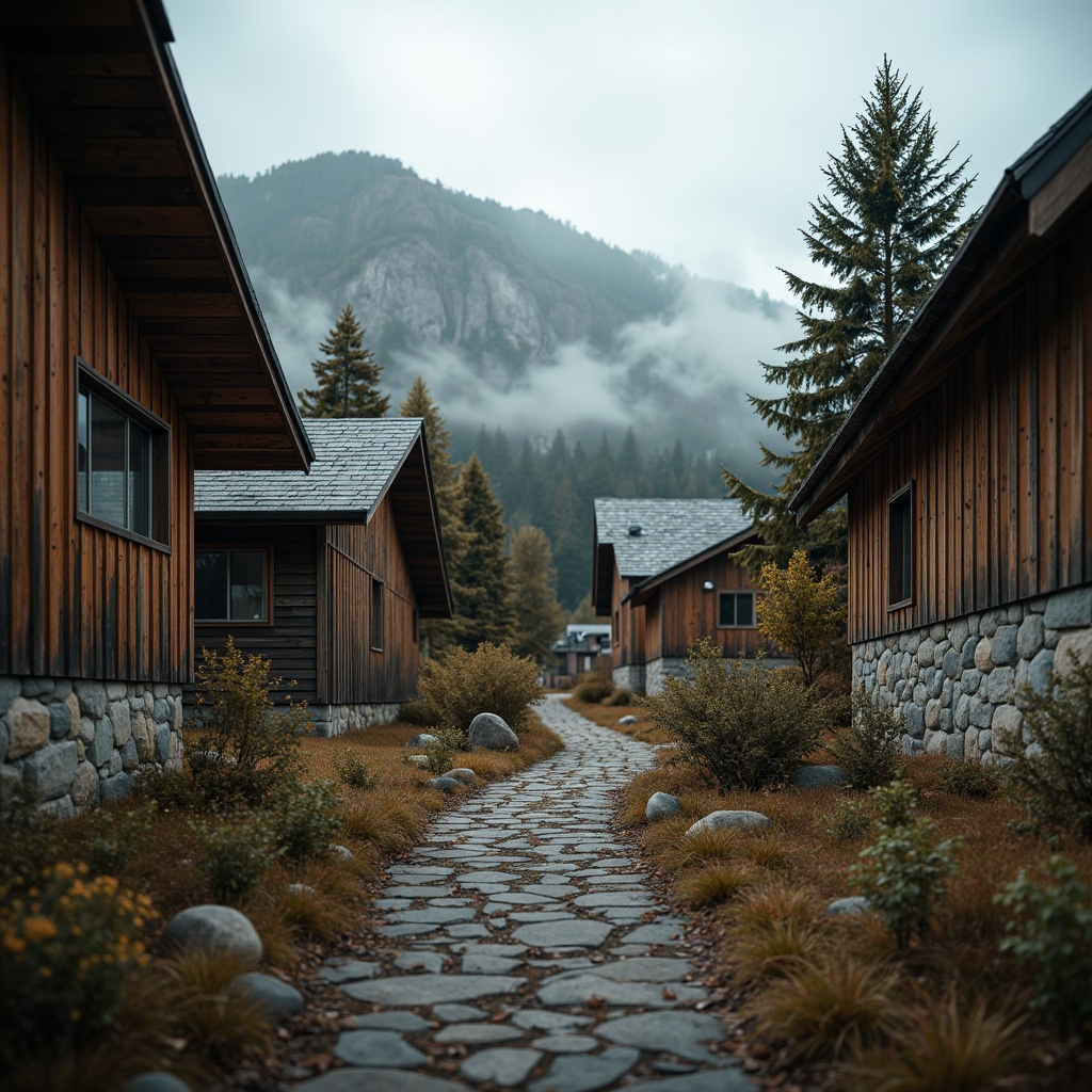 Prompt: Rustic wooden cabins, distressed textures, earthy tones, natural stone walls, rugged mountainous terrain, misty atmosphere, warm soft lighting, shallow depth of field, 1/2 composition, intimate framing, realistic normal maps, ambient occlusion.