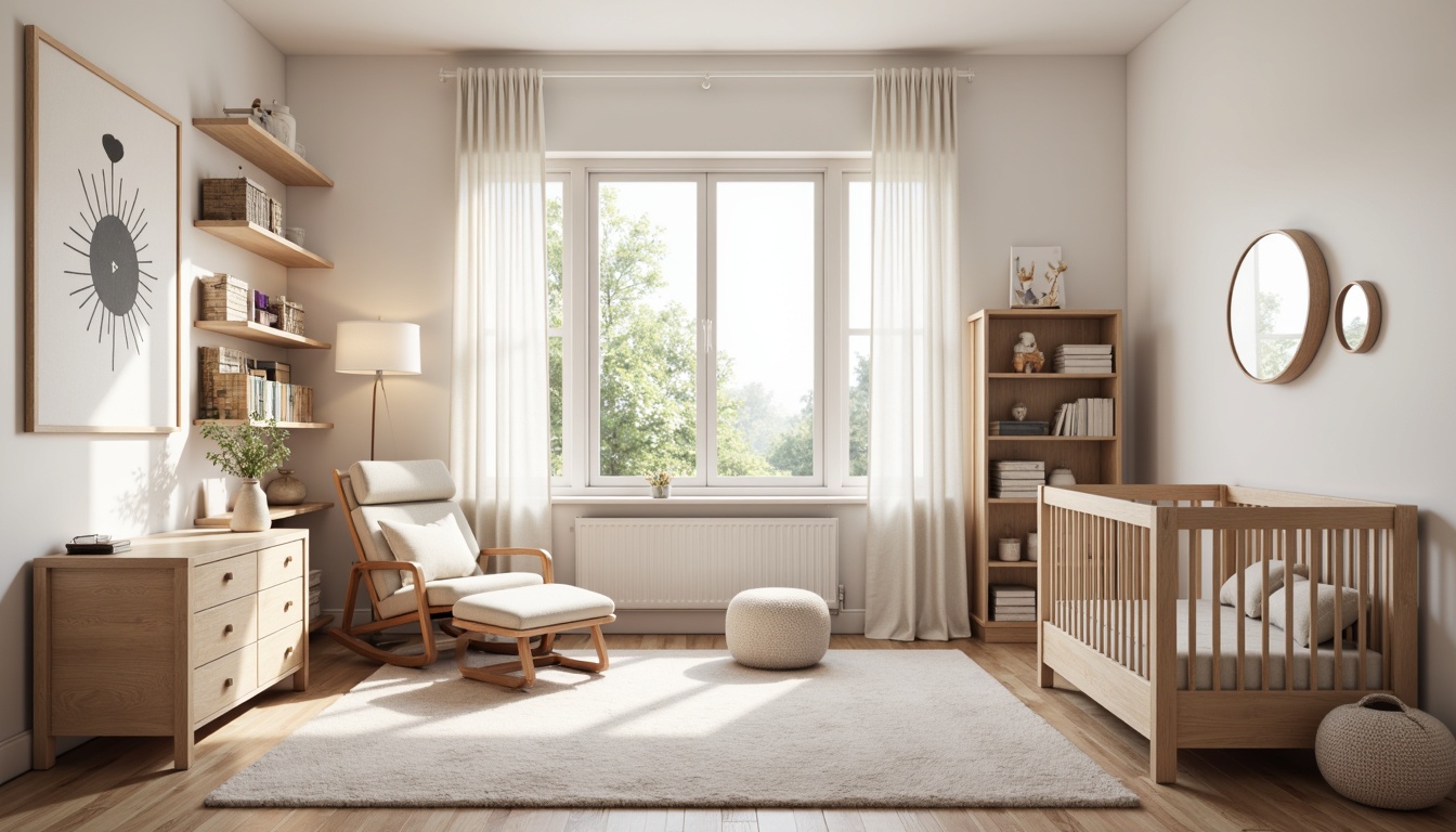 Prompt: Modern baby room, soft pastel colors, minimalist decor, ergonomic furniture, convertible crib, changing table, comfortable glider, plush area rug, natural wood accents, white walls, large windows, gentle daylight, warm floor lamps, cozy reading nook, built-in bookshelves, storage ottoman, circular mirror, whimsical wall art, baby-friendly textiles, 3D geometric patterns, shallow depth of field, soft focus, warm color temperature, 1/2 composition, intimate atmosphere.