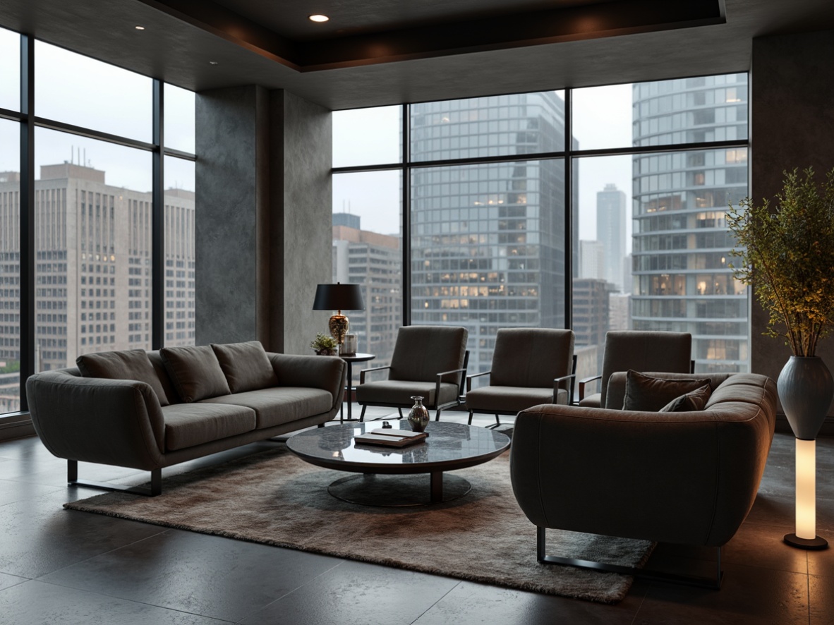 Prompt: Sleek modern sofas, low-profile armchairs, minimalist coffee tables, metallic legs, curved lines, monochromatic color schemes, luxurious velvet fabrics, polished chrome accents, geometric patterns, ambient floor lamps, floor-to-ceiling windows, urban city views, 3/4 composition, softbox lighting, shallow depth of field, cinematic atmosphere.